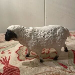 Vintage John Wright White Black Cast Iron Still Penny Lamb or Sheep Stand Bank